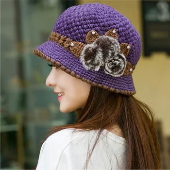 

Female Beautiful Wool Crochet Knitted Flowers Decorated Ears Hats Women Lady Winter Warm Casual Caps Bonnet Femme