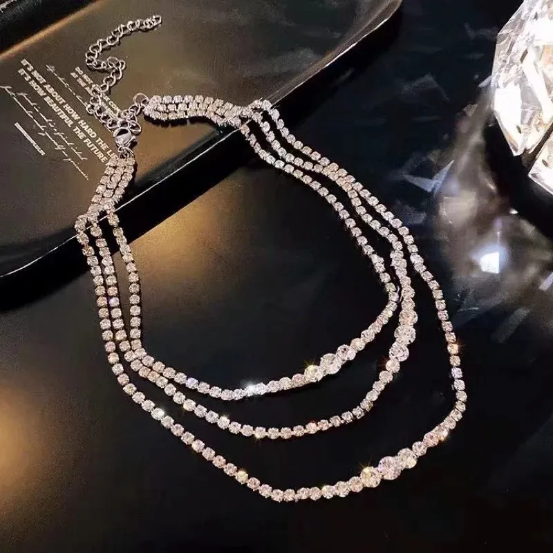 Korean Fashion Shining Full Rhinestone Choker Necklaces For Women Geometric Simple Luxury Crystal Necklaces Statement Jewelry