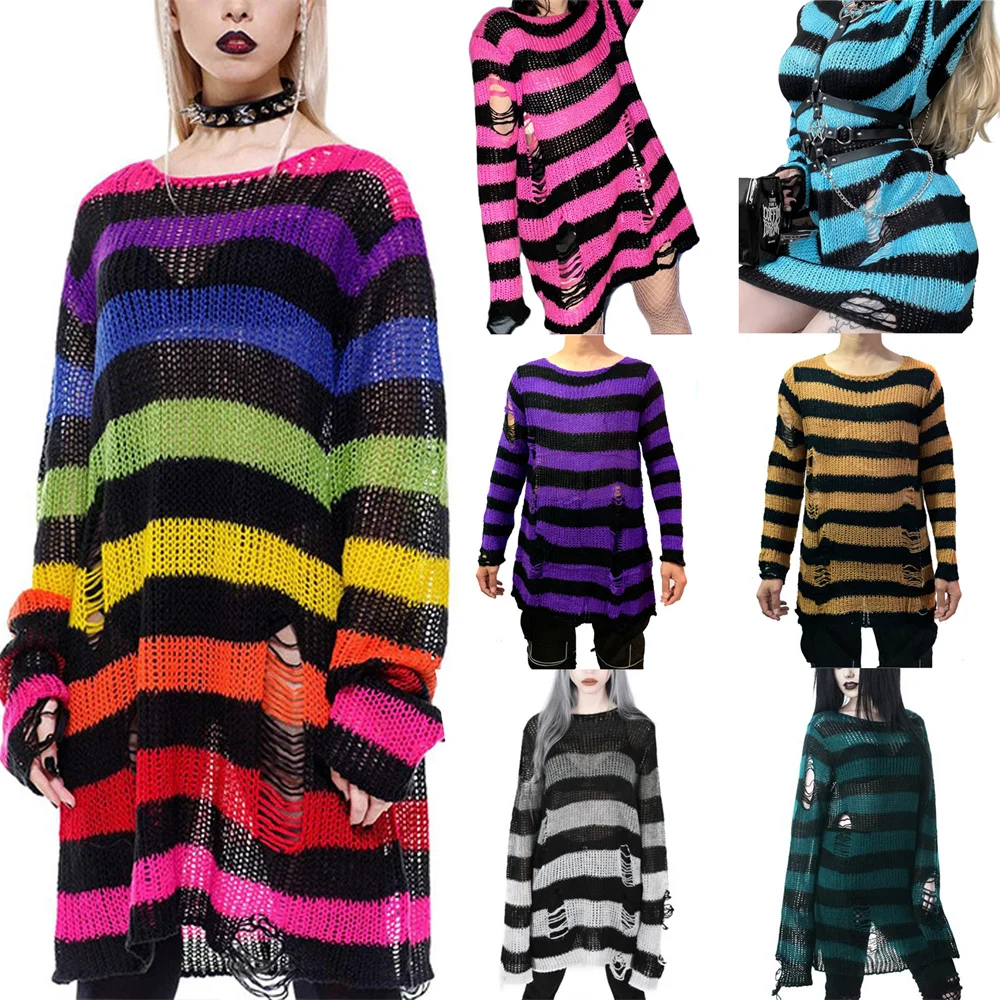 Women Striped Cool Hollow Out Hole Broken Jumper Loose Streetwear Top Women Hollow Knit Sweater Color Block Stripe Pullovers