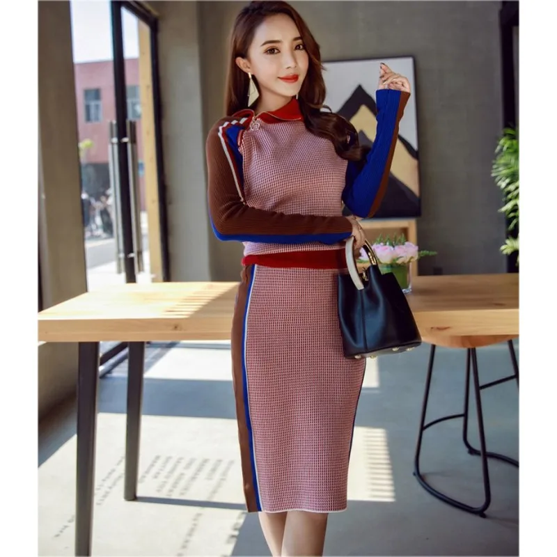 

2019 Autumn Winter New 2 Pieces Knitting Sets Color-block Zipper High Collar Sweater + Fashion Package Hip Knee Skirt Suit Set