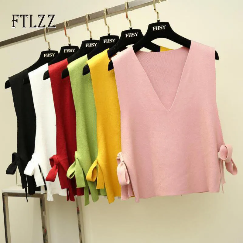

Fashion Streetwear Women Knitted Short Vest Solid Pullover Tops 2020 Spring Autumn New Woman Knit V-neck Loose Sleevelesssweater
