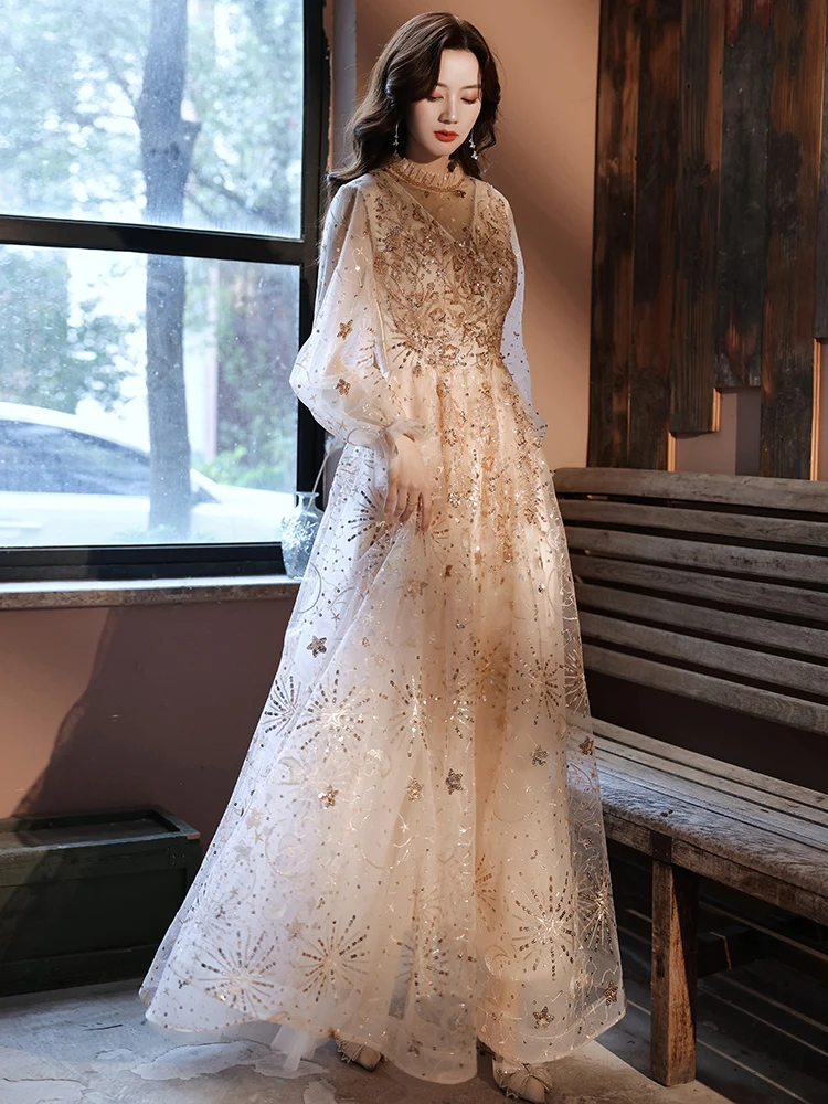 Gorgeous Champagne Evening Dress Stand Collar Full Sleeve Sequined Wedding  Party Gown Women A-Line Slim Long Dress 2023 - AliExpress