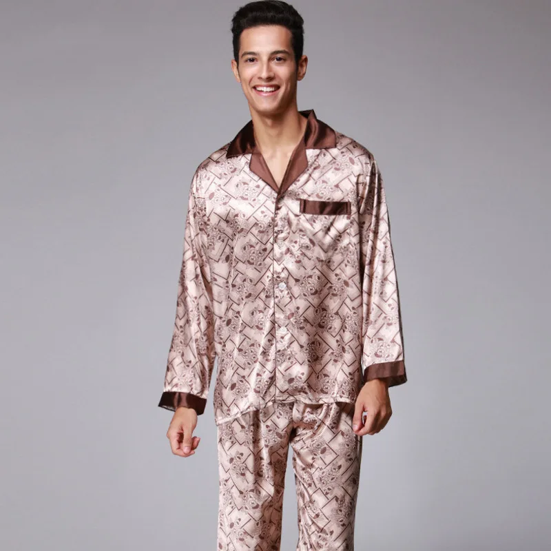 

Classic Style Silk Men Pajamas Spring Long Sleeve Trousers Two-Piece Set Home Wear
