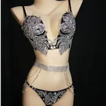 Новое яркое бикини бюстгальтер со стразами низкая талия короткое нижнее белье блестки Одежда для танцев комплект из двух предметов женское платье сексуальный танцевальный костюм