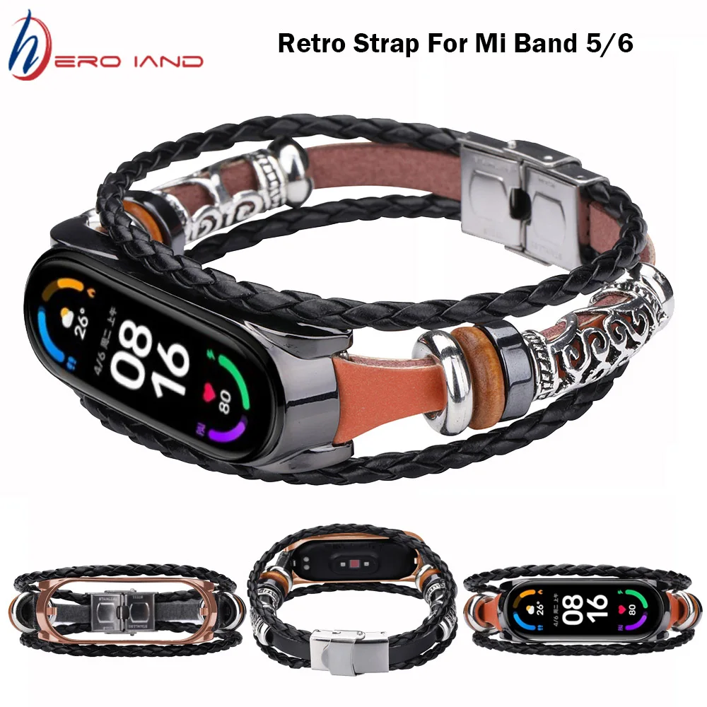 

Retro Strap for Xiaomi Mi Band 6 5 NFC Leather Wristband For Miband 6 Global Version Bracelet Accessory for Mi Band 5 Correa
