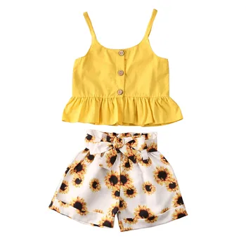

Children's Sets Summer Clothing Set Toddler Baby Kids Girl Vest Button Tops Sunflower Shorts Outfits Clothes 2Pcs Suit