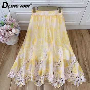 

DLINGHAN Fashion Print Hollow Out Long skirt Elegant Embroidery High waist Big swing skirts Spring Summer Women's New