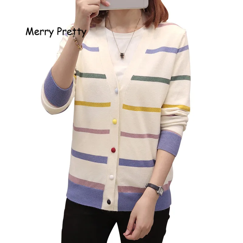 Merry Pretty, женские кардиганы и свитера, для девочек, разноцветные, радужные, в полоску, вязаные кардиганы, женские, Осень-зима, милая, вязанная верхняя одежда