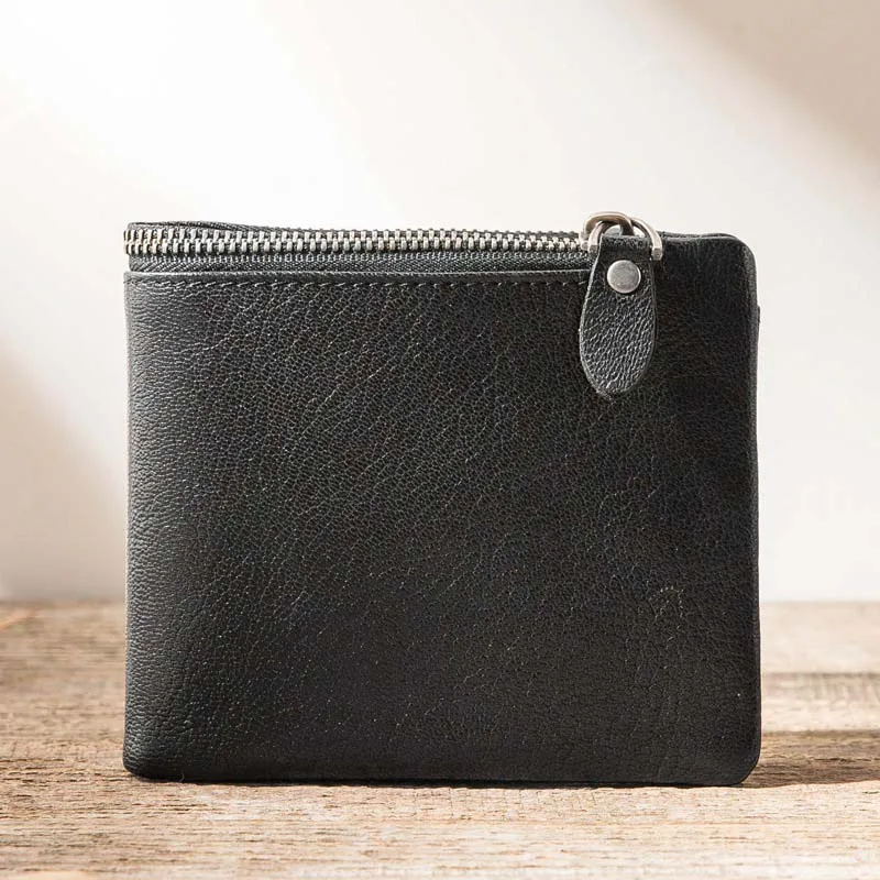 Men's Short Super Thin Wallet Genuine Leather Horizonal Zipper Small Wallet Manual Card Wallet Cowhide Male Purse Large Capacity