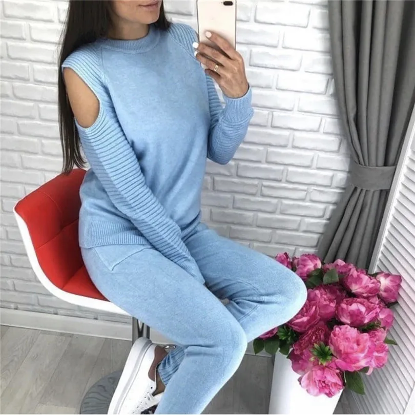 

TAOVK Women's Autumn Sweater Suits Turtleneck Hollow Out Long Sleeve Sweaters+Long Trousers Knitted 2PCS Sets