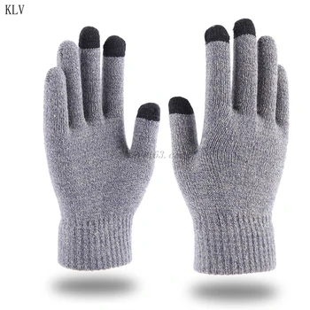 

Women Men Winter Thicken Warm Touch Screen Gloves Ribbed Cuff Solid Color Thermal Plush Lined Knitted Outdoor Full Finger Mitten