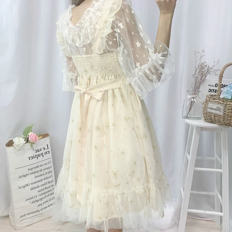 Japanese Sweet Lolita Dress Bow Embroidery Mesh Spaghetti Strap Dress High Waist Elegant Gradient Vestito Party Dresses