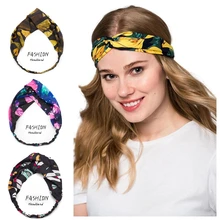 

Women Hair Accessories feathers printed Fashion Headband Fabric Cross Knotted Bow Floral Hair Band Korea Headdress ladies Hoop