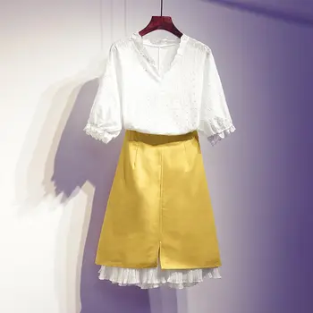 

plus size women 2 piece set summer women skirt set office lady elegant v neck white blouse and pu leather skirt set large size