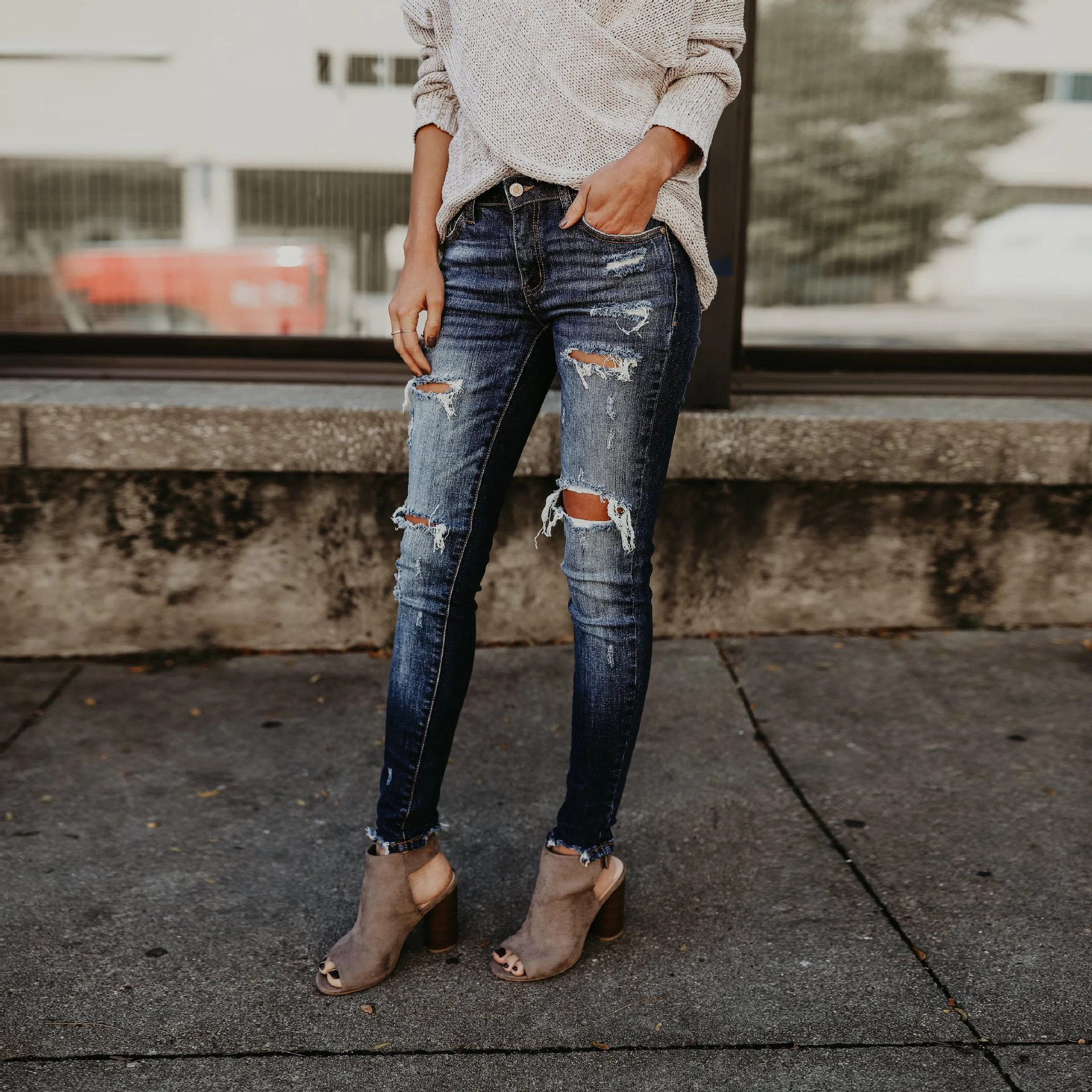 Модные рваные, Стретч Джинсы Для женщин Повседневное темно-синий Bleach Wash Distressed карандаш узкие брюки-СКИННИ ДЖИНСЫ
