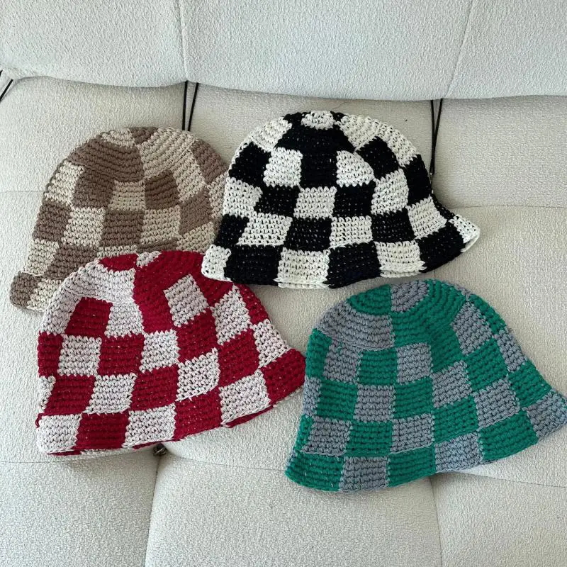 Fashion Checkerboard Bucket Hat Women Handmade Crochet Knitted Hat Outdoor Warm Tide Caps image_2