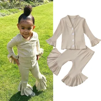 

Toddler kid girl clothes set V-neck long-sleeved top flared pants comfortable knitted solid casual outdoor baby girl suit