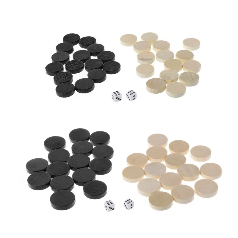 

30pcs Wooden Draughts Checkers Backgammon Chess Pieces for Kid Board Game 2 Dice Daily Board Games