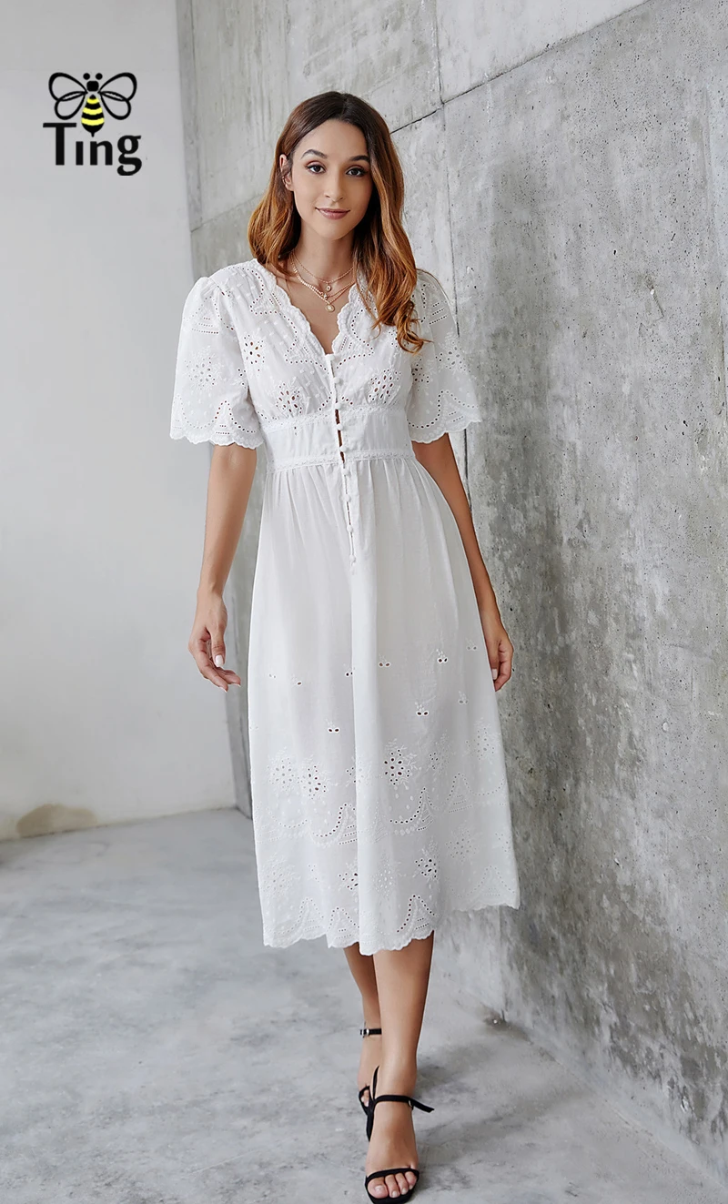 Tingfly Boho открытый однобортный V шеи белый миди повседневное платье в богемном стиле вышивка платье с вырезами леди Винтаж Vestidos puls Размер 2XL