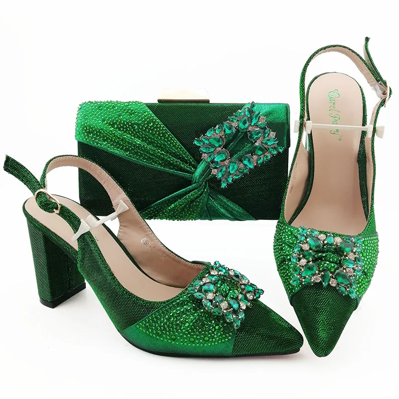 

Georgeous green italian shoes and bag set high quality sandal shoes and clutches bag with many stones SB8424-7