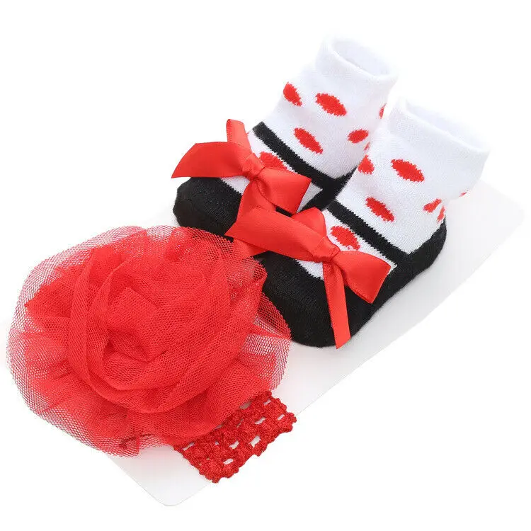 

Baby Stuff Newborn Solid Color Lace Baby Socks Bow Princess Cute Baby Bowknot Socks+ Hair Band set Photo Props Baby Shower