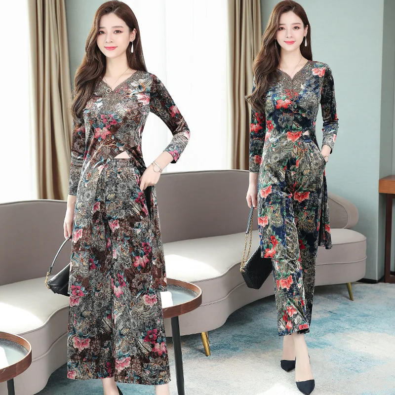 

2019 Autumn-New Style WOMEN'S Dress Gold Velvet Piece Women's Fashion Elegant Loose Pants WOMEN'S Suit Slimming Fashion