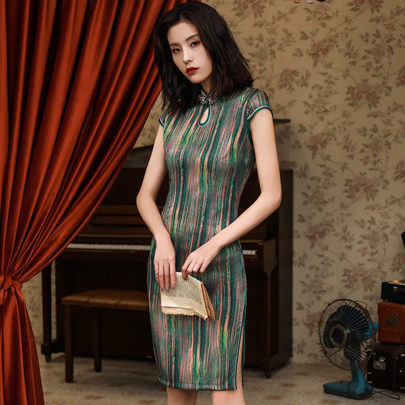 4XL размера плюс шелковое платье современное Улучшение Cheongsam Китайский ветер полоса Cheongsam радужные полосы Печати Восточный Qipao