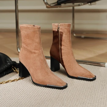 

Suede leather Ankle Boots high Heels Autumn Winter Short boots woman Woman metal toe Top Quality Ladies Basic Boots