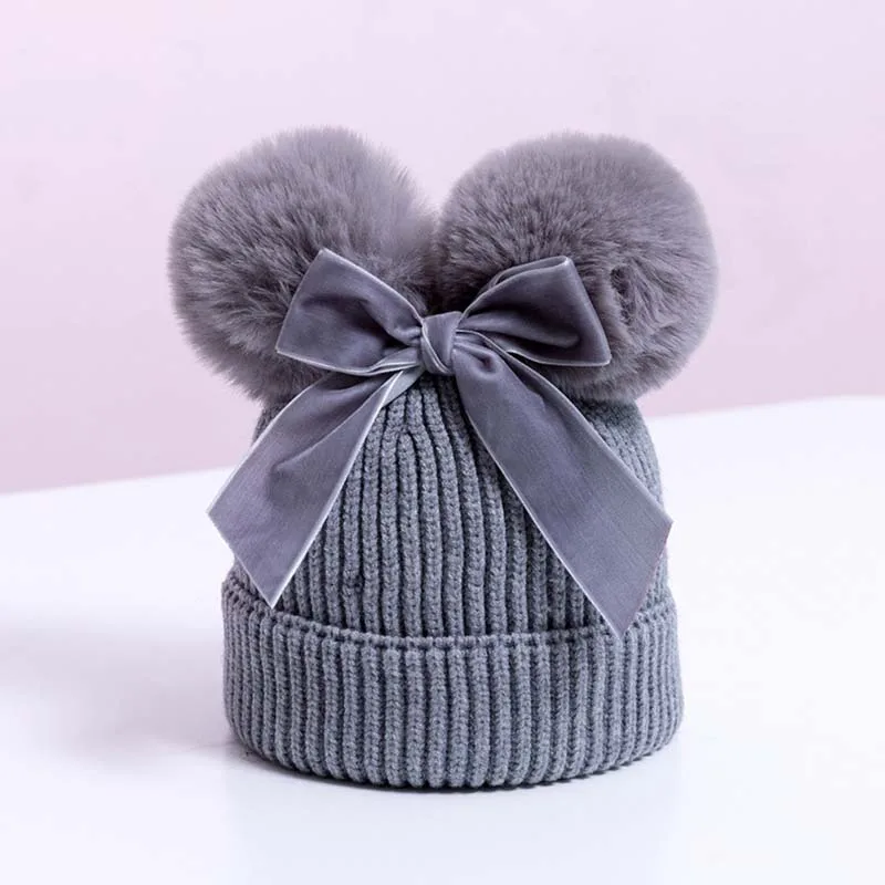 style 2 Милые плотные зимние теплые шапки для детей с двойным помпоном и бантом, вязаные шапки, мягкая шапочка для девочек и мальчиков, уличная шапка - Цвет: style 2