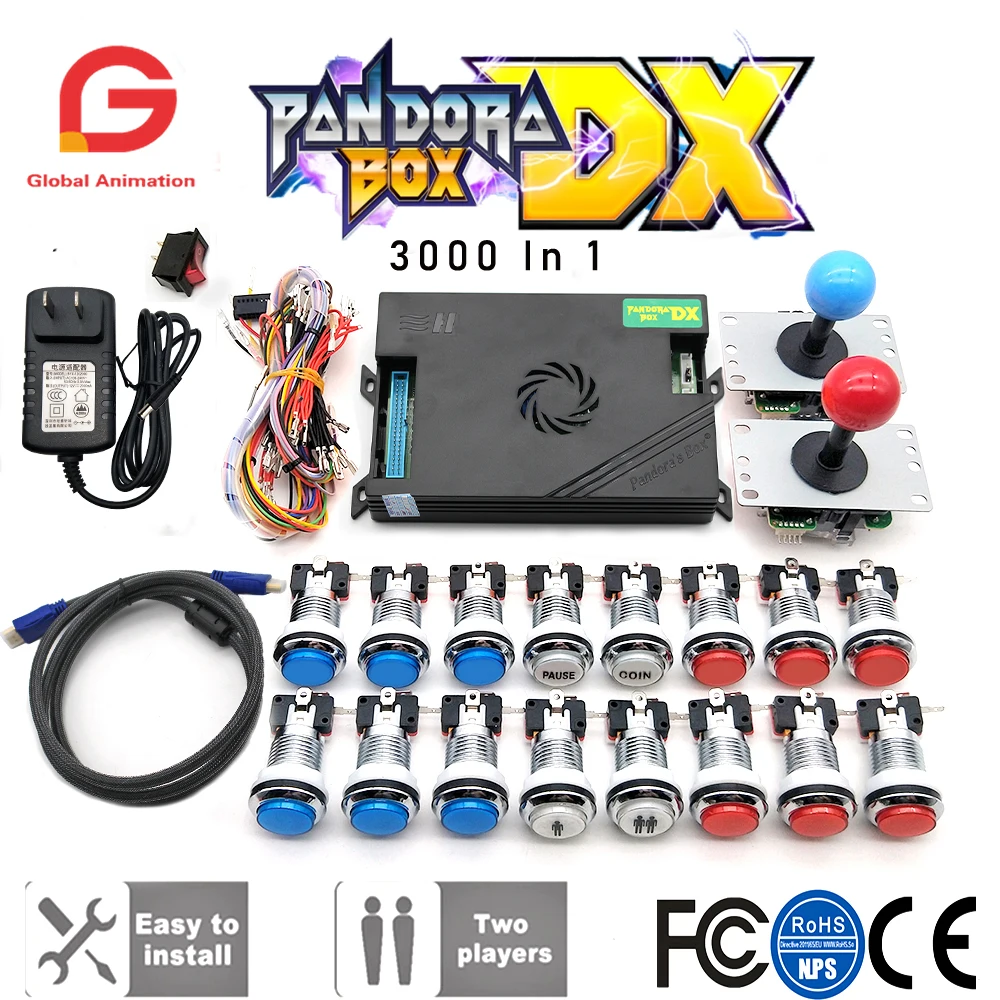 2 Player Original Pandora Box DX 3000 Kit Sanwa Joystick, Chrome LED Push Button DIY Arcade Machine Home Cabinet with Tutorial