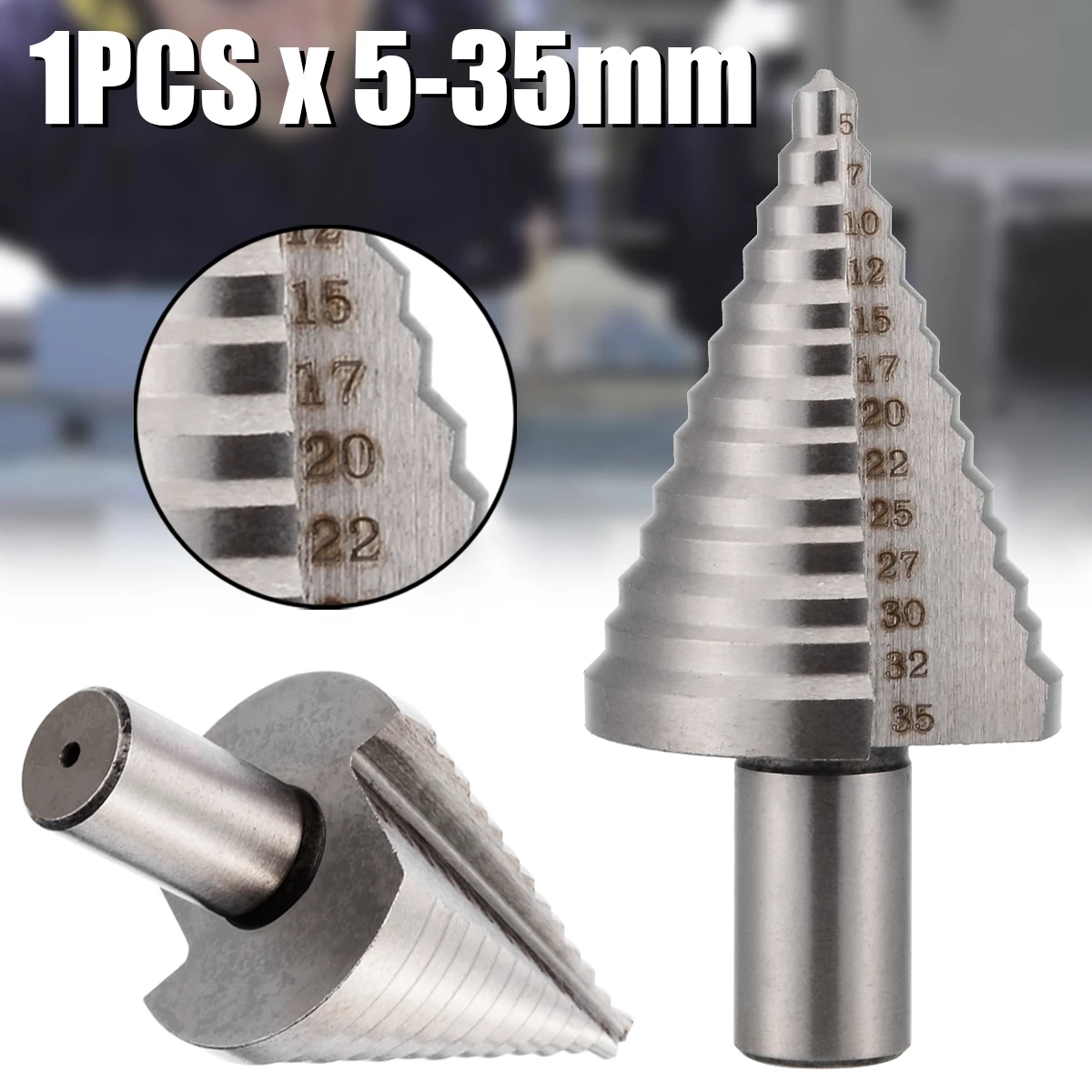 1pc HSS Step Cone Drill Bit Triangle Round Shank Spiral Grooved Wood Hole Cutter 5/7/10/12/15/17/20/22/25/27/30/32/35mm