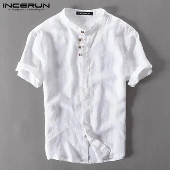 

Summer Men Shirt Cotton Stand Collar Solid Breathable Short Sleeve Button Brand Camisa 2020 Retro Casual Shirt Men INCERUN S-3XL