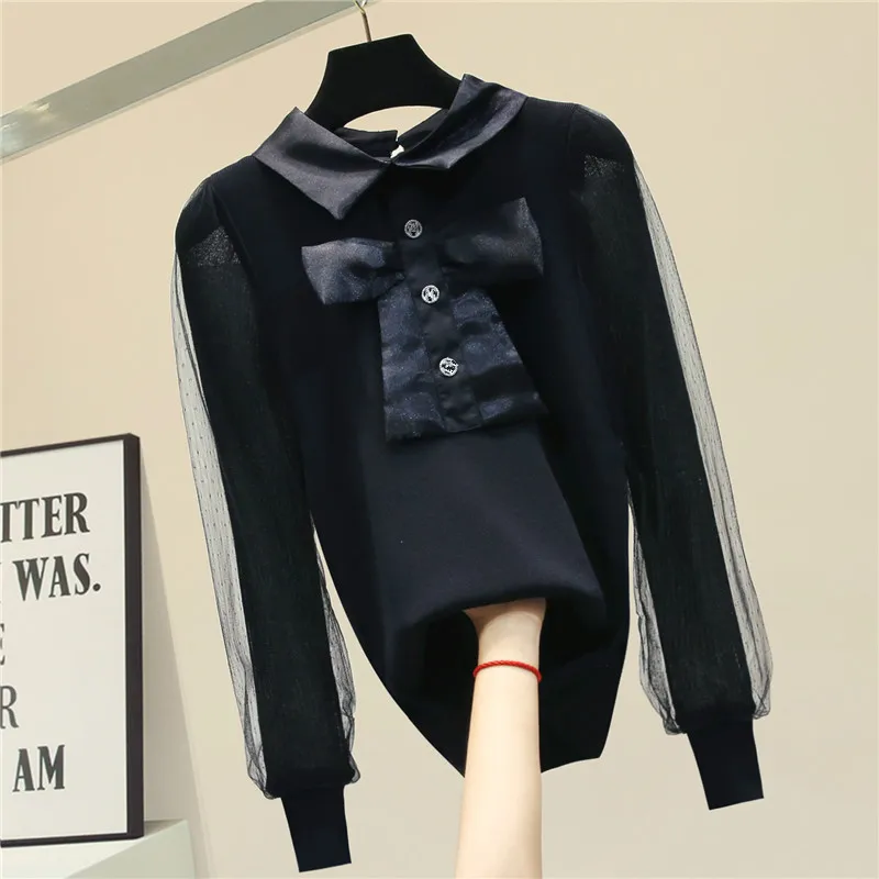

Lantern Sleeve Slim-Fit Black Sweater Shirt Women Lace Panel Knit Sweater 2020 New Spring Autumn Jumper Blusa Femme Nancylim
