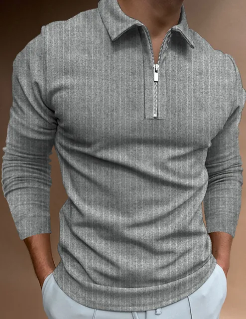 2021 Autumn Streetwear Men Fashion Long Sleeve Polo Shirts Casual Loose Turn-down Collar Zipper Tops Men Slim Polo Shirts Gray