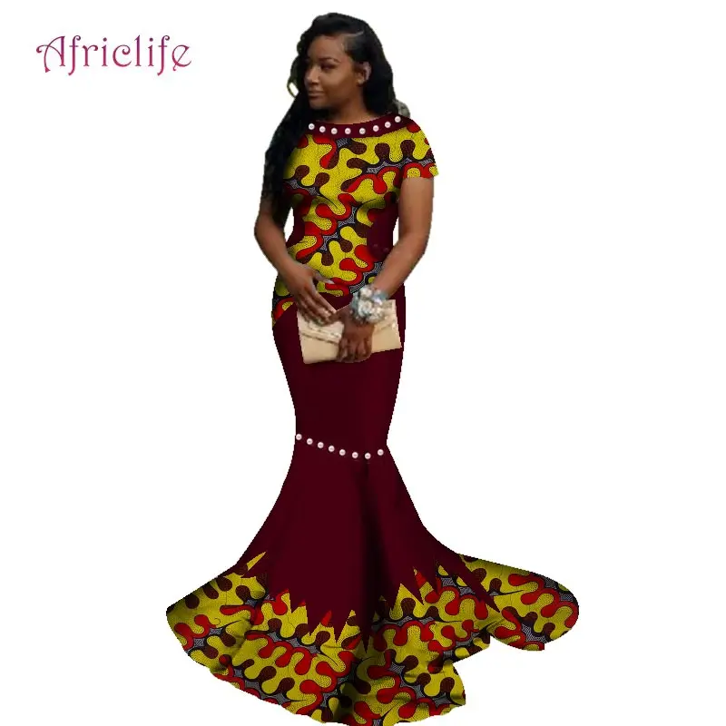 Африканские длинные платья для женщин, Африканский воск, цветочный принт, платье Базен Riche, одежда, традиционный жемчуг, дизайнерская одежда WY2608