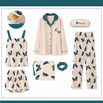 

2020 Autumn Cotton New Pajamas Female Students Korean Butterfly Cartoon Leisure Tops Seven-Piece Set Sleepwear Women