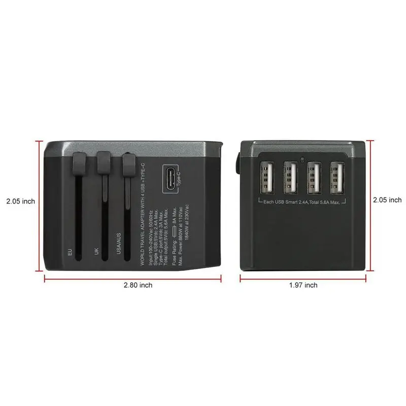 Universal Travel Power Adapter All in One Worldwide International Wall Charger Adaptor with 5.6A Smart Power USB and 3.0A USB Ty