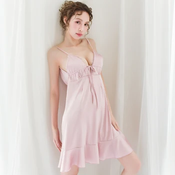 

Sexy female summer deep V ice silk sling sleepwear thin section lace adjustable shoulder strap night dress set
