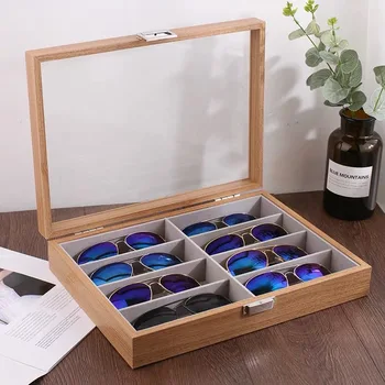 

Environmental Protection Solid Wood Glasses Storage Box Multi Grid Large Capacity Dust Proof Glasses Display Stand Organizer