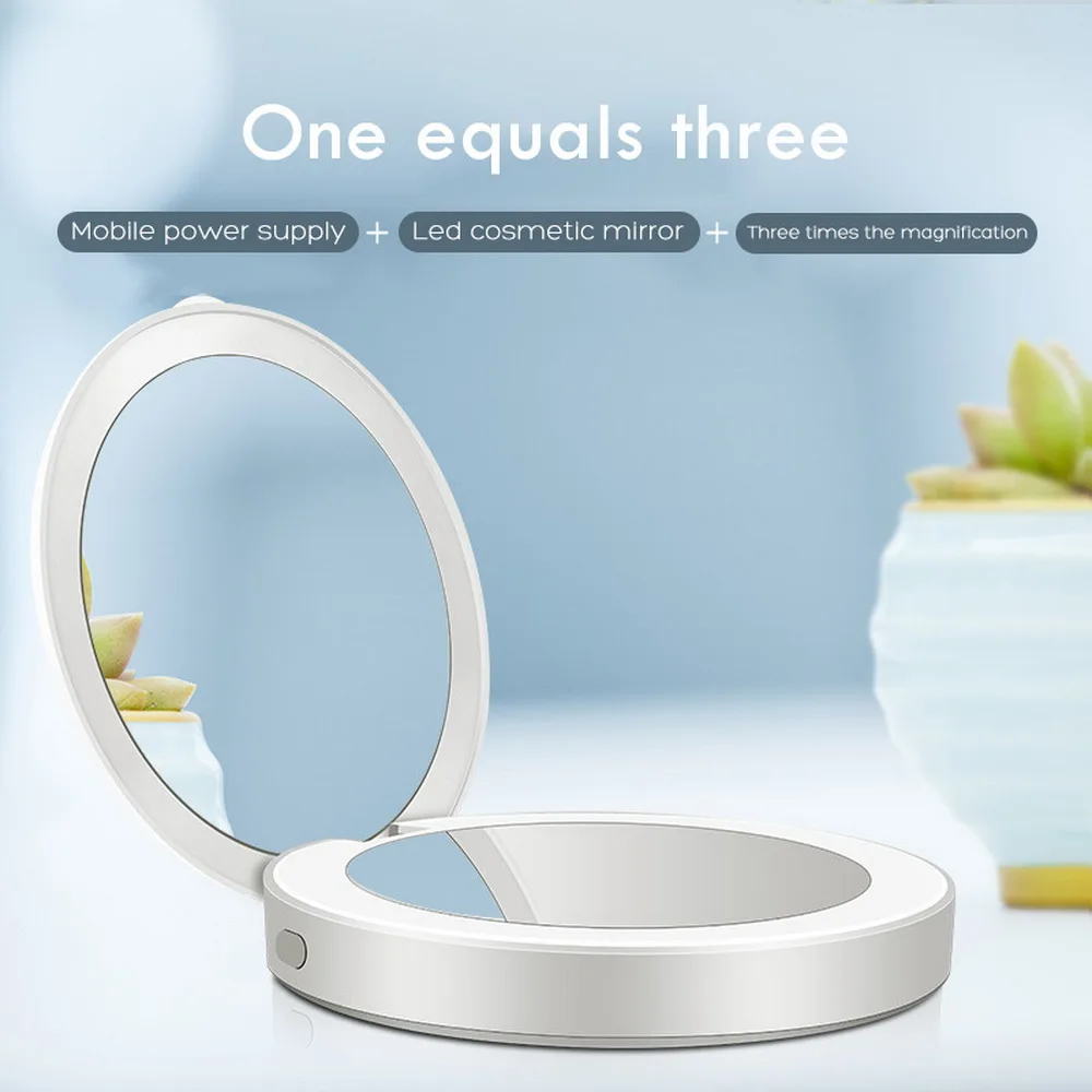 Portable LED Lighted Mini Circular Makeup Mirror Compact Travel Sensing Lighting Cosmetic Mirror Wireless USB Charging
