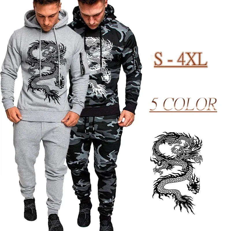 Men Tracksuit 2Piece Set Camouflage Dragon Printing Hoodies and Sweatpants Streetwear Fashion Casual Jogging Male Suit Plus Size | Мужская