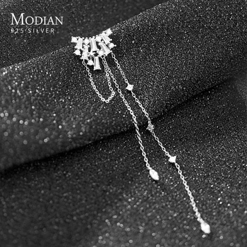

Modian Dazzling Zircon Tassel Elegant Geometric Genuine 100% 925 Sterling Silver Long Chain Drop Earrings for Women Fine Jewelry