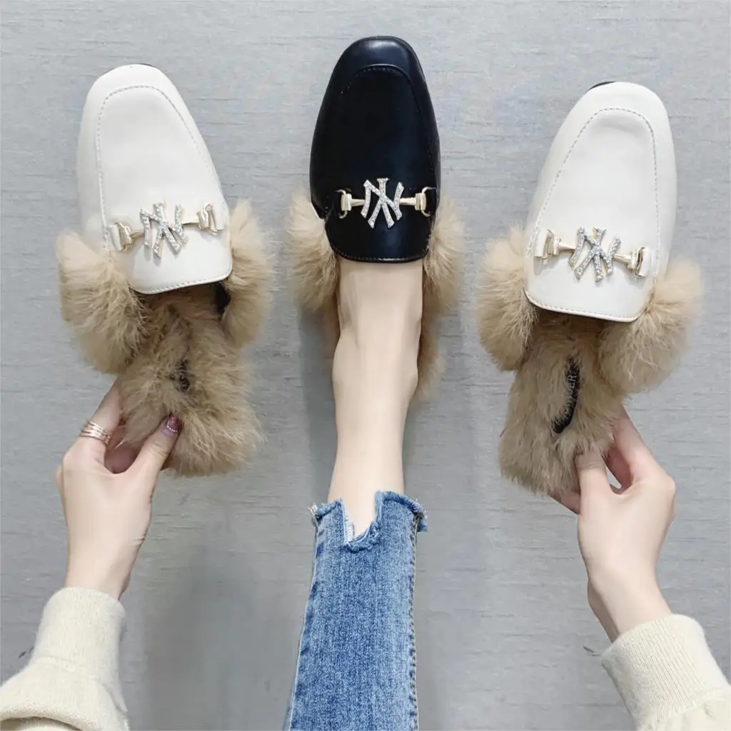 

2020 New Autumn Winter Outdoor Women Real Rex Rabbit Fur Mules Genuine Sheep Leather Warm Slippers Lazy Wear Shoes