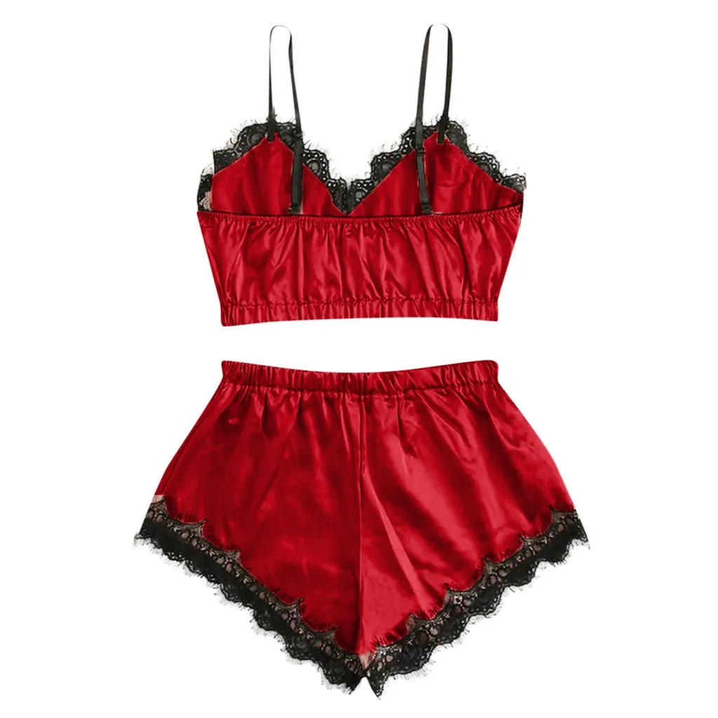 Sexy Lingerie Bra Set Women's Sleepwear Sleeveless Strap Lace Trim Satin Cami Tops Pajama Sets Bras Women Brief Sets Plus Size