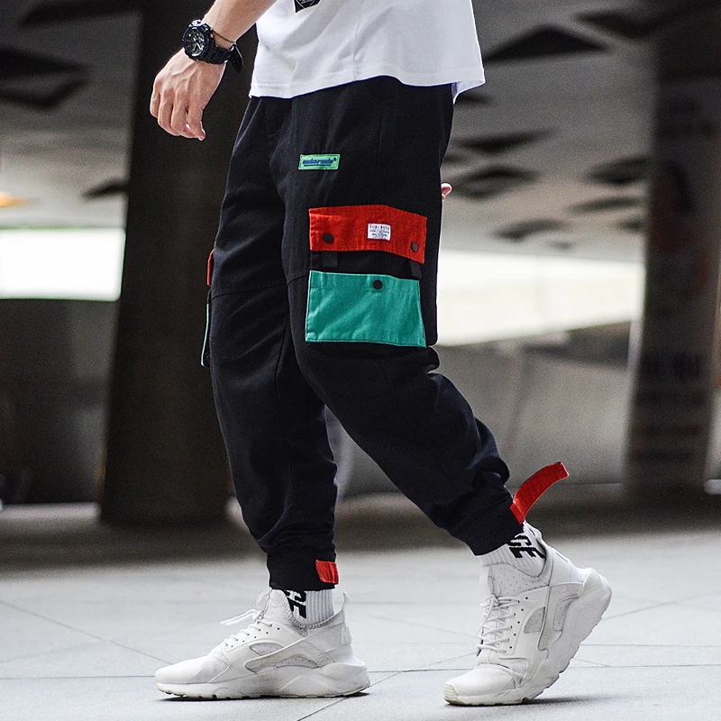 

Fashion Streetwear Joggers Pants Men Loose Fit Elastic Waist Patch Big Pockets Cargo Pants Hombre Pink Color Hip Hop Pants Women