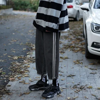 

2020 Men's Classic Solid Color Leisure Casual Baggy Homme Cargo Pocket Jeans Blue Haren Pants Tide Male Side Printing Trousers