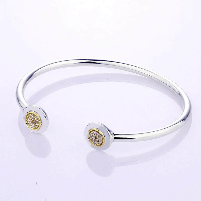 925 пробы Серебряный браслет золотой цвет подпись с кристаллом Открытый браслет для запястья подходит для женщин шарик шарм Diy ювелирные изделия