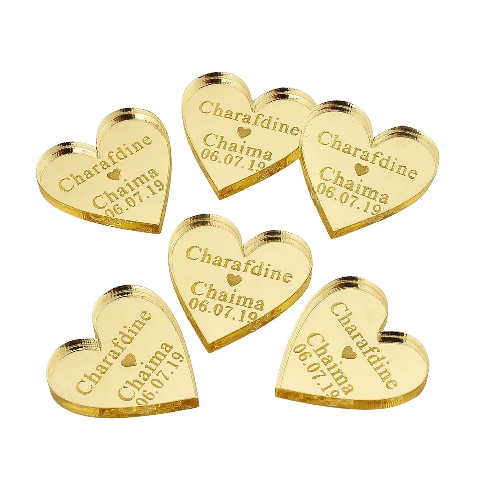 100 шт Выгравированные акриловые зеркальные золотые сердечки для свадебного стола центровые бирки индивидуальный тег для свадебного декора вечерние украшения - Цвет: Style 7