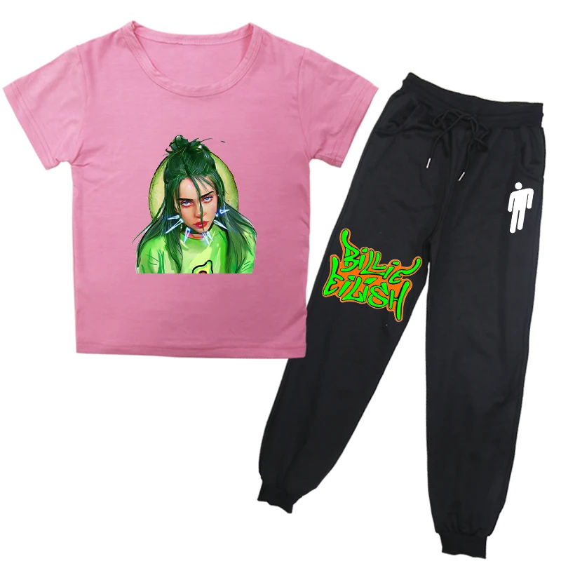 Комплекты одежды для маленьких мальчиков и девочек с принтом Billie Eilish летние детские спортивные костюмы комплекты одежды для детей футболка+ штаны, 2 предмета, футболки