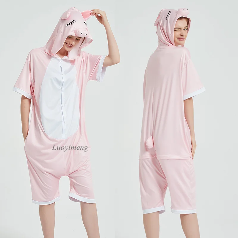 Summer Cartoon Kigurumi Pajamas Animal Pyjamas Women Unicorn Onesies For Adults Sleepwear Jumpsuit Hooded Cat Fox Panda Pijamas